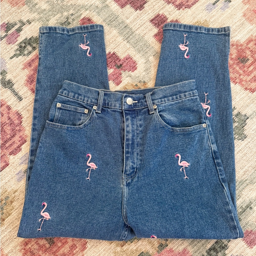Quacker Factory Blue and Pink Straight Leg Jeans with Flamingo Embroidery